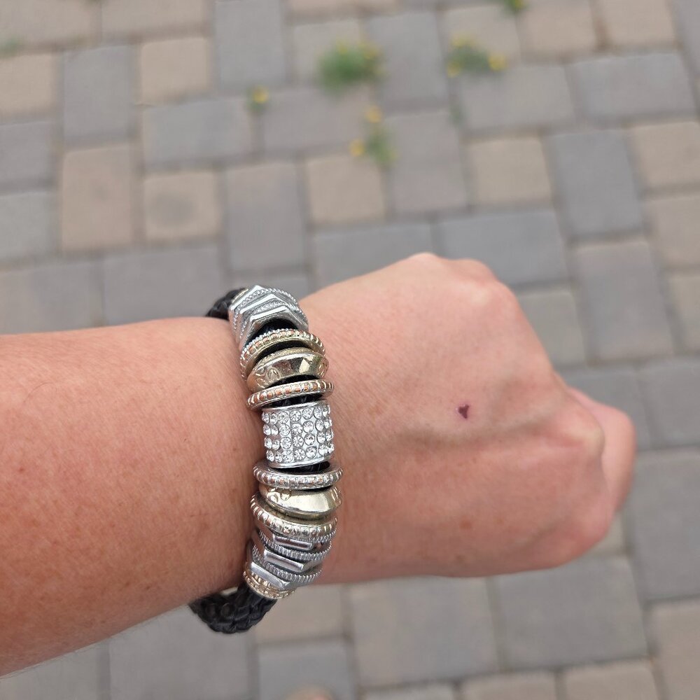 Chico's Braided Leather and Two-Tone Charm Bracelet with Rhinestones